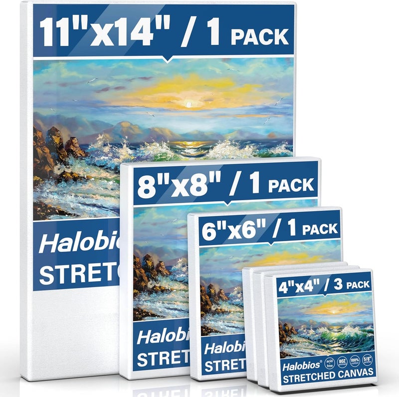 Halobios 6 Packs Stretched Canvases for Painting with 4x4 Inch, 6x6 Inch, 8x8 Inch, 11x14 Inch, Painting Canvases for Acrylics,Oils & Other Media, 5/8 Inch Profile 100% Cotton Artist Framed Canvas - Image 1